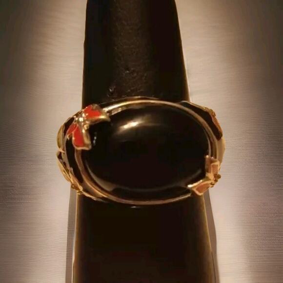 David Sigal Sterling Silver Dome Ring Size 8.5 Onyx & Red Green Enamel Floral - Picture 2 of 5